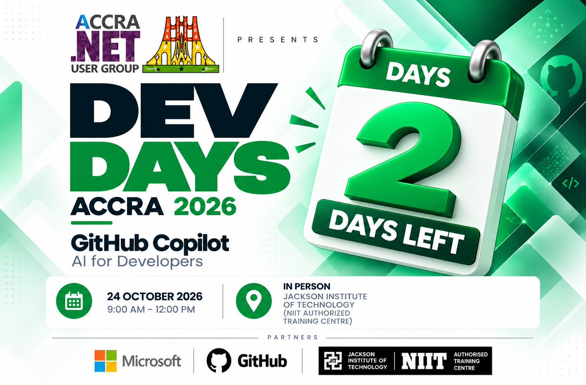 AccraDotnet's tweet photo. 2 DAYS TO GO!
Dev Days Accra 2026 is happening this Saturday!
💻 GitHub Copilot
📅 24 Oct 2026
⏰ 9 AM – 12 PM
📍 Jackson Institute of Technology, Accra
Come ready to learn, build & connect.
#DevDays #GitHubCopilot #GitHub #DotNET #AI https://t.co/JGetTc8pHU