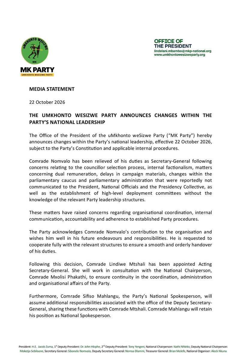 NowInSA's tweet photo. BREAKING NEWS: Sibonelo Nomvalo, has been REMOVED as MKP SG.

" following concerns relating to the councillor selection process, internal factionalism, matters concerning dual remuneration, delays in campaign materials, changes within the parliamentary caucus and parliamentary administration that were reportedly not communicated to the President, National Officials and the Presidency Collective, as well as the establishment of high-level deployment committees without the knowledge of the relevant Party leadership structures "
