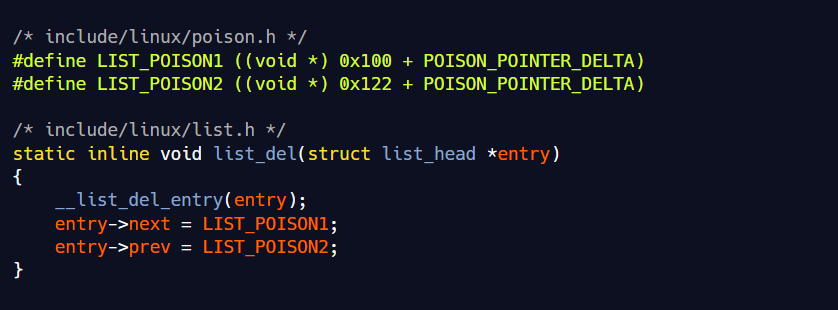 Arikalabs's tweet photo. When the Linux kernel removes an entry from a linked list using list_del(), it doesn't set its next and prev pointers to NULL.

On typical 64-bit systems, it sets them to 0xdead000000000100 and 0xdead000000000122 (LIST_POISON1 and LIST_POISON2).

these deliberately invalid addresses help catch code that accidentally accesses a removed list entry. Instead of silently following a stale pointer, the kernel can fault at a recognizable poison address.

It's called pointer poisoning.
