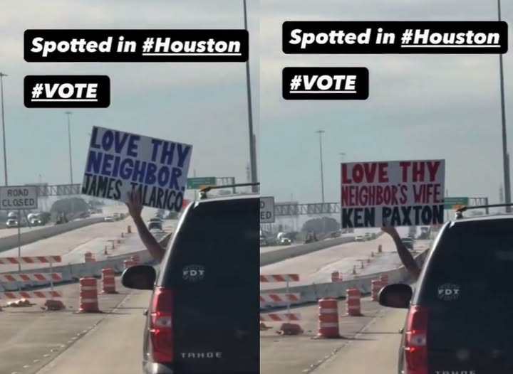 Trevor_Allan_1's tweet photo. Best sign of the 2026 cycle spotted in Houston! https://t.co/neTW8dWbYr
