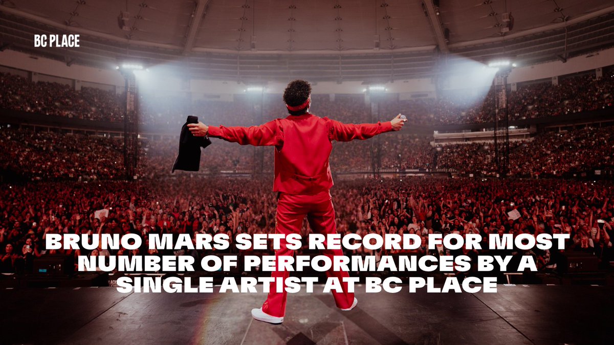 bcplace's tweet photo. IT'S OFFICIAL! @BrunoMars now holds the record for most number of shows by a single artist at BC Place!

5⃣ unforgettable nights of The Romantic Tour 🌹

#BCPlace #Vancouver https://t.co/i08x1LgVJz