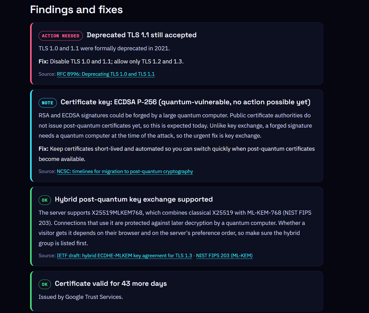 AlveyChain's tweet photo. Alvey LightsON just checked https://t.co/A8bbXjT48T
🚨 Action needed
Deprecated TLS 1.0 & 1.1 still accepted (formally deprecated since 2021).
☑️ Good news
• TLSv1.3 with TLS_AES_256_GCM_SHA384
• Hybrid post-quantum key exchange supported (X25519MLKEM768)
• Certificate valid until 4 Dec 2026 (Google Trust Services)

📌Alvey LightsON goes beyond a basic SSL check. It assesses protocol support, cipher strength, key exchange mechanisms, certificate health and hybrid post-quantum capability, giving you a clear, prioritised view of your cryptographic posture.

🧰Our software is on Stage 1 with NCSC pilot
Is your website ready for quantum and AI speed attacks?
Want us to check your domain? Reply with it👇