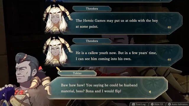 Na_uzu_'s tweet photo. @mothmartyr In Japanese, she is explicit that she wants a younger man than herself. The only younger man she interacted with and just interacted with is Cai 

Also Theodora’s route hints that the writers want Cai/Theodora together. 

It doesn’t help that Tialla notices Theodora’s interest https://t.co/Ta55DIfT0I