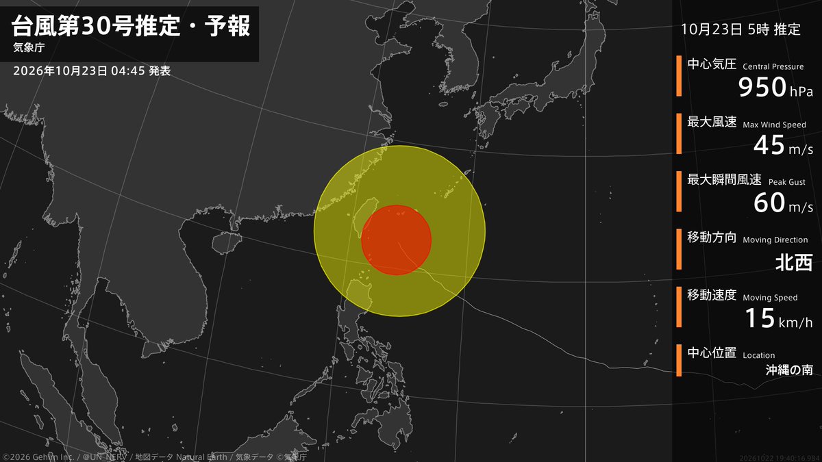 UN_NERV's tweet photo. 【台風第30号推定・予報 2026年10月23日 04:40】
大型で非常に強い台風第30号（チャンパー）は、沖縄の南を1時間に15キロの速さで北西に進んでいるとみられます。 https://t.co/f5LqKlkqkn