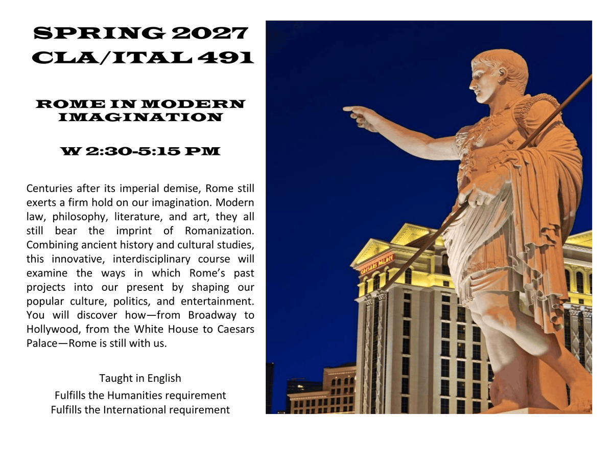 WLC_UNLV's tweet photo. From Gladiator to Caesars Palace, Rome never really left.
Explore how ancient Rome shapes today’s movies, politics, and pop culture in CLA/ITAL 491: Rome in Modern Imagination this spring!
Wednesdays, 2:30–5:15 PM
Taught in English
#UNLVWLC #Spring2027 https://t.co/oHLa4IeQWI