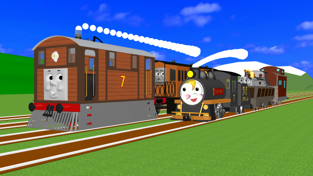 DuelExpress1's tweet photo. Birthday Countdown #7 : Choo-Choo is taking Freddie to to a steam gala near the end of the line while Toby is taking passengers  with Henrietta.  

Models from @lokoexpress2, @TipperTopHat, SAB64, @disk_j, and the stage is from @cents34526. https://t.co/aQDWyCHgJ1