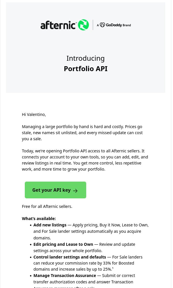 valic's tweet photo. It's 2026, and Afternic finally did build API!

The world is coming to an end https://t.co/Aq9qroMqjf