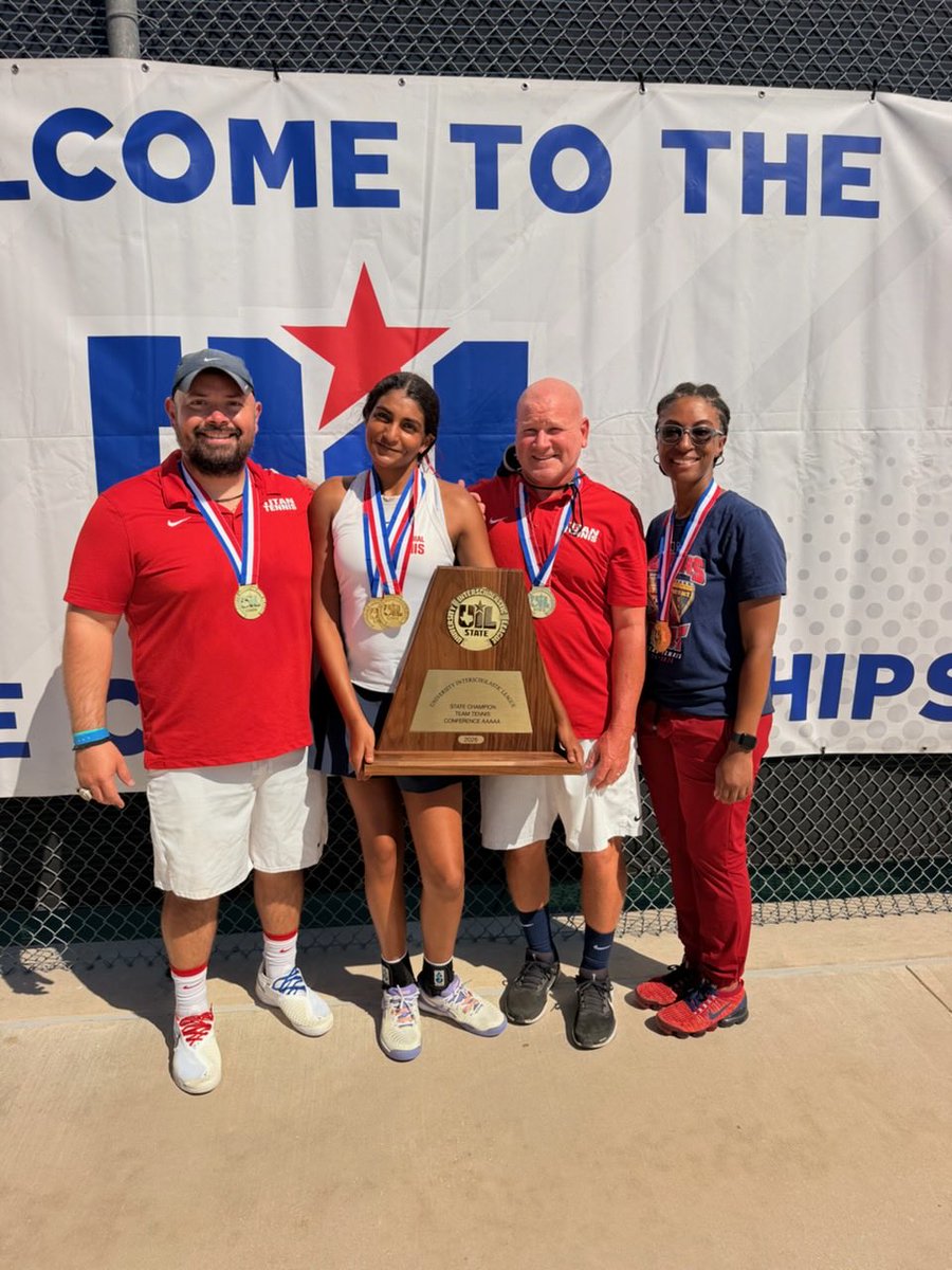 Cen10titans's tweet photo. 🎾❤️💙 FOUR STATE TITLES. ONE TENNIS DYNASTY! 🏆

YOUR 2026 UIL 5A STATE CHAMPIONS! FOUR-PEAT COMPLETE! 

Five straight trips to State. One legendary program. The trophy stays in Titan Territory! 

#TitanNation #Cen10Titans #TennisDynasty #4Peat https://t.co/PalJfqllhM