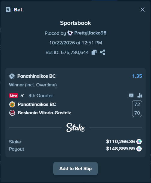 OnlyHighRoll's tweet photo. 🚨 ALERT: Prettylfacko98 Single Bet Placed!

🏀 Panathinaikos BC - Baskonia Vitoria-Gasteiz
💰 Stake: $110,723.94 https://t.co/P7ZWinXRVD
