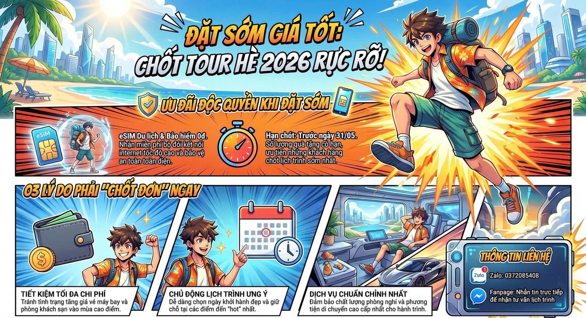 toontor's tweet photo. Đặt tour hè trước 31/05 để giữ giá tốt và nhận eSIM cùng bảo hiểm du lịch 0đ. Chủ động chọn lịch đẹp, phòng tốt, tránh tăng giá mùa cao điểm. Quà tặng có hạn, nhắn tin ngay để giữ ưu đãi. https://t.co/oIzFZHG6W5