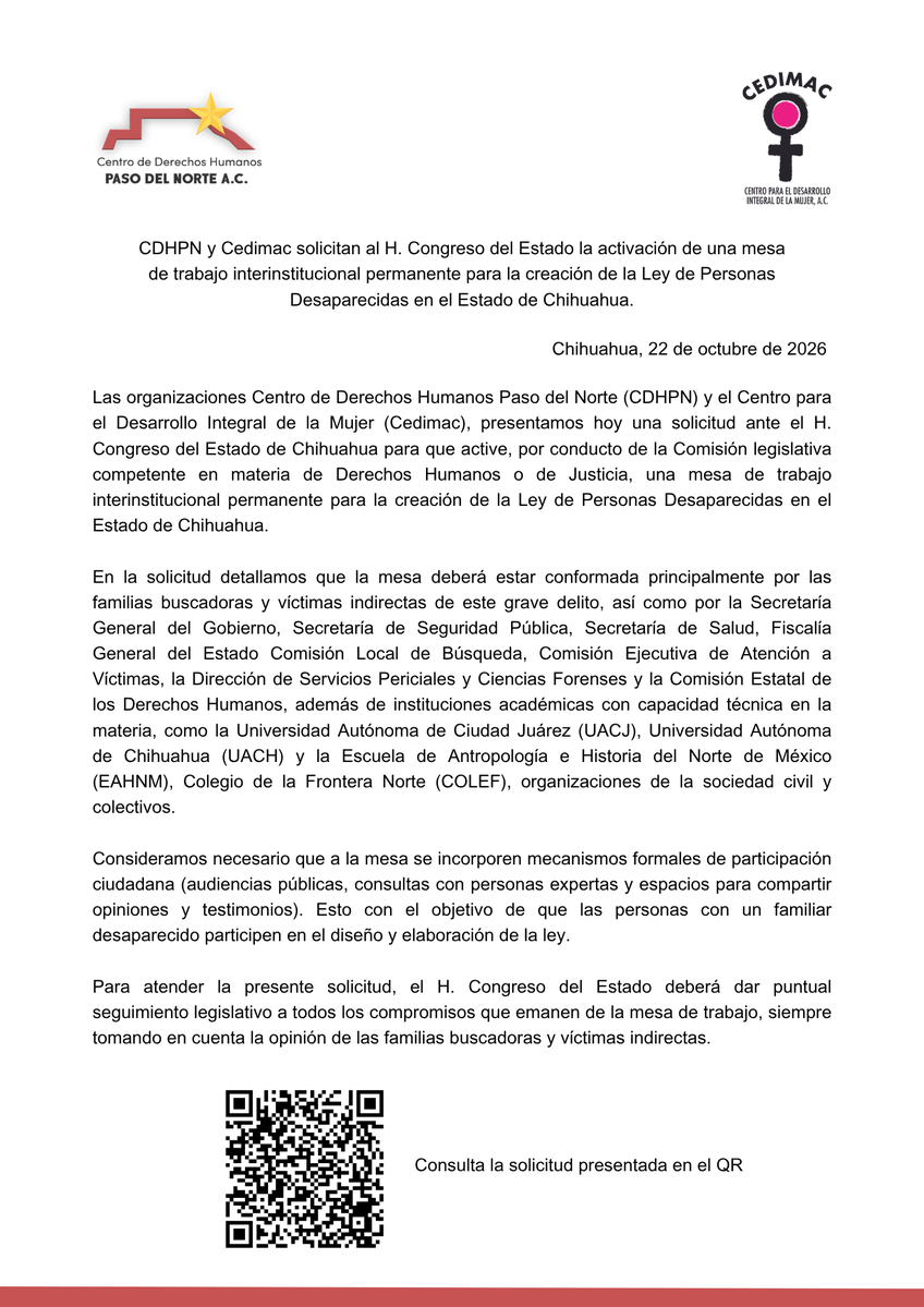 CdhPasodelNorte's tweet photo. 📷 Hoy entregamos una solicitud ante el H. Congreso del Estado para pedir la activación de una mesa interinstitucional permanente, en donde participen las familias buscadoras, víctimas indirectas, colectivos, autoridades, academia y organizaciones de la sociedad civil, 🧵 (1) https://t.co/etC8OSGRd8