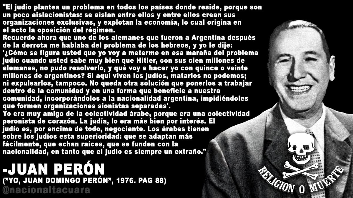genjager's tweet photo. @themussolinian Perón en el plan quinquenal:

"Los sobrevivíentes del Holocausto eran indeseables para el plan de la nación"

"No por el hecho únicamente cultural sino ETNICO" https://t.co/WtBNzCPw5y