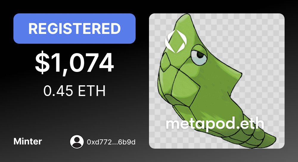 ENSMarketBot's tweet photo. 🏛️ REGISTERED: metapod.eth

For: $1,073.90 (0.45 ETH)
Minter: 0xd772...6b9d

Last Sale: 0.50 ETH, 6 May 2022
Categories: Pokemon @PokemonENS, Prepunk #45,817 @PrePunkOfficial, Pokemon Gen 1

https://t.co/09YYldEpJb https://t.co/sd5VTI13mc