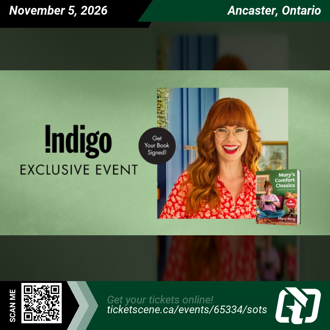 Ticketscene's tweet photo. Indigo Books &amp; Music presents In Conversation: Mary Berg at Indigo Ancaster on Thursday, November 5, 2026 at 2:00 PM. 

Get your tickets online - https://t.co/uNJQNfj6By

#AncasterON #MaryBerg #MarysComfortClassics #IndigoEvents https://t.co/QRz2nomUgq
