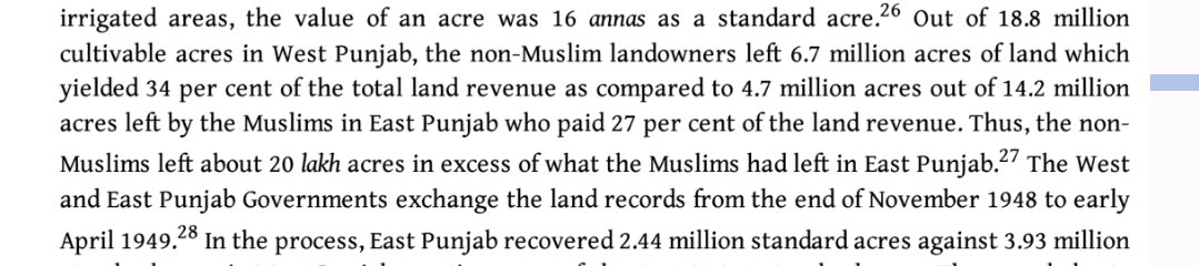 Rustum_0's tweet photo. Wrong figure regarding Lahore (dispute this only with proper source, not with your words).

Hindus and Sikhs united abandoned 6.7 million acres in West Punjab (Hindu share was max 4.7 million acres).

Muslims left the same amount of land in East Punjab and Haryana (not counting 5.377 million acres siezed from UP Muslims in land ceiling).