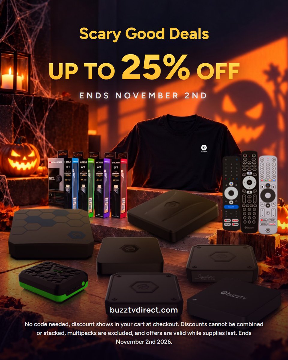 BuzzTVDirect's tweet photo. Something wicked this way streams 🎃 

Our Scary Good Deals have risen. Save on boxes, remotes and gear, up to 25% off. No secret codes required.

Hurry, these deals disappear at midnight on November 2nd 🦇 https://t.co/oiR3oJnsJ7
Exclusions apply.
#BuzzTV #ScaryGoodDeals #HalloweenSale #AndroidTV