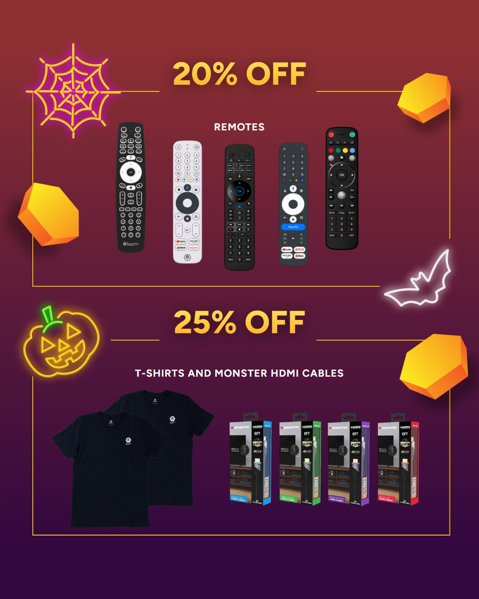 BuzzTVDirect's tweet photo. Something wicked this way streams 🎃 

Our Scary Good Deals have risen. Save on boxes, remotes and gear, up to 25% off. No secret codes required.

Hurry, these deals disappear at midnight on November 2nd 🦇 https://t.co/oiR3oJnsJ7
Exclusions apply.
#BuzzTV #ScaryGoodDeals #HalloweenSale #AndroidTV