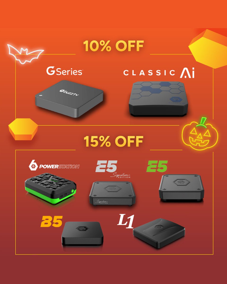 BuzzTVDirect's tweet photo. Something wicked this way streams 🎃 

Our Scary Good Deals have risen. Save on boxes, remotes and gear, up to 25% off. No secret codes required.

Hurry, these deals disappear at midnight on November 2nd 🦇 https://t.co/oiR3oJnsJ7
Exclusions apply.
#BuzzTV #ScaryGoodDeals #HalloweenSale #AndroidTV