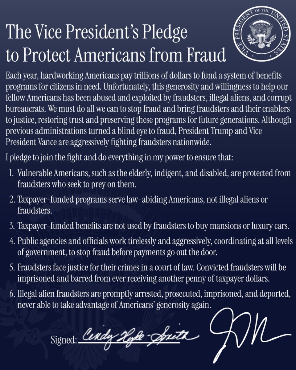 A dark blue formal pledge document with a government-style seal, a large heading, several paragraphs and a numbered list, and handwritten signatures at the bottom. It contains extensive text.