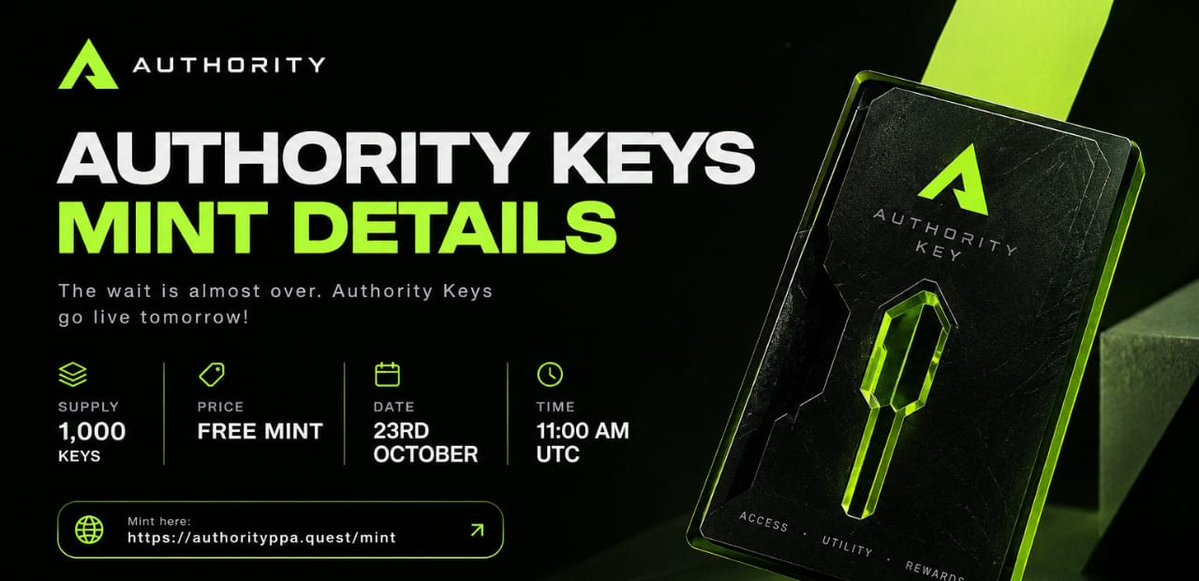 AuthorityPPA's tweet photo. AUTHORITY KEYS MINT DETAILS

The wait is almost over. Authority Keys go live tomorrow!

Supply: 1,000 Keys
Price: FREE MINT
Date: 23rd October
Time: 11:00 AM UTC

Mint here: https://t.co/yg6i31ZLsk

INSTANT REVEAL

The reveal will be live immediately you mint, allowing holders to see their Key's rarity and rank.

Get ready. The next chapter of Authority begins tomorrow.

Turn on notifications so you don't miss the launch.

ATTENTION IS AN ASSET.