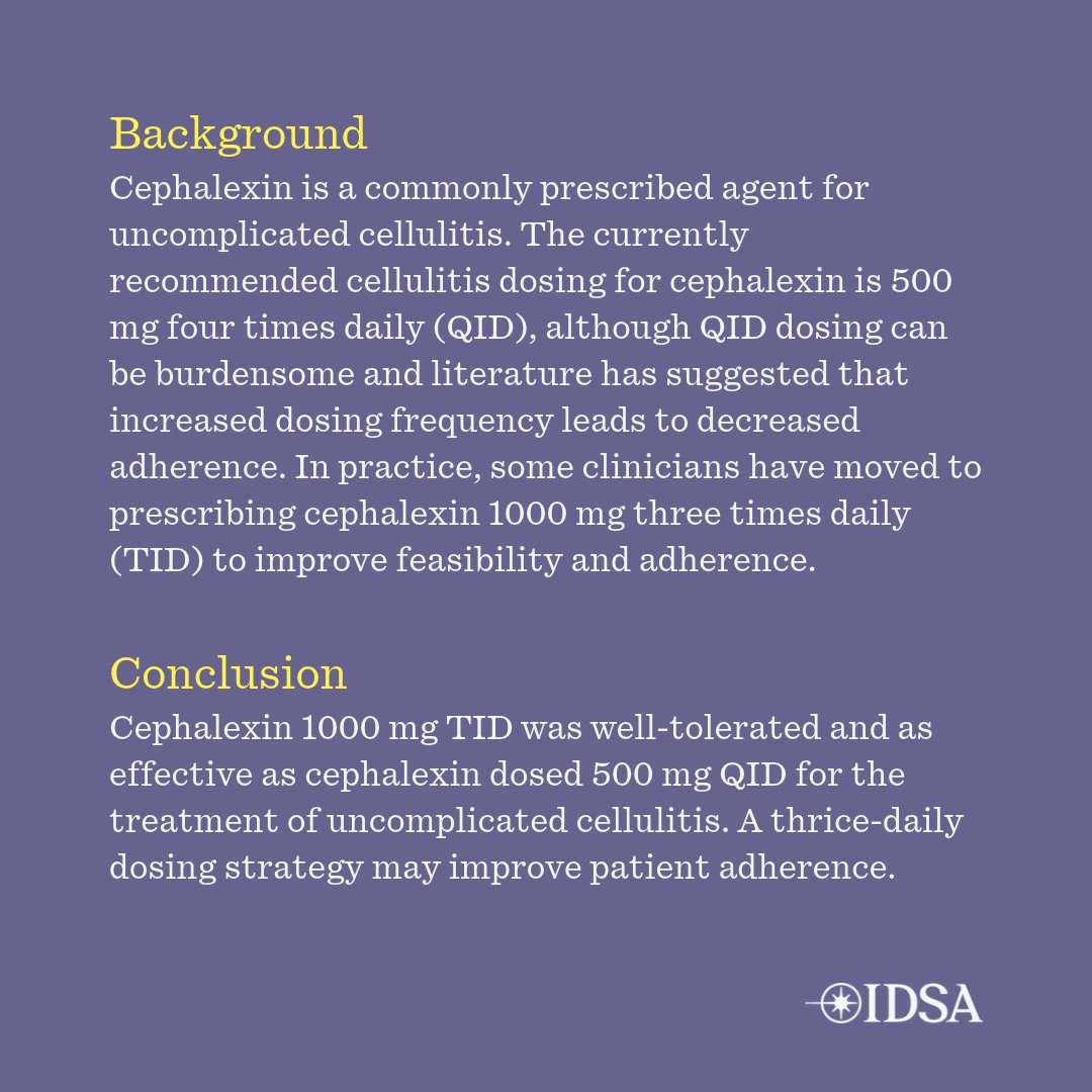 OFIDJournal's tweet photo. Cephalexin 500 mg Four Times Daily vs. 1000 mg Three Times Daily for the Treatment of Uncomplicated Cellulitis

✅ Just Accepted
✍️ @DrJaymoGR @LisaIDpharmD @TrinityHealthMI
🔗 https://t.co/cvTTu2ofZF https://t.co/y2Rb6WgeeA