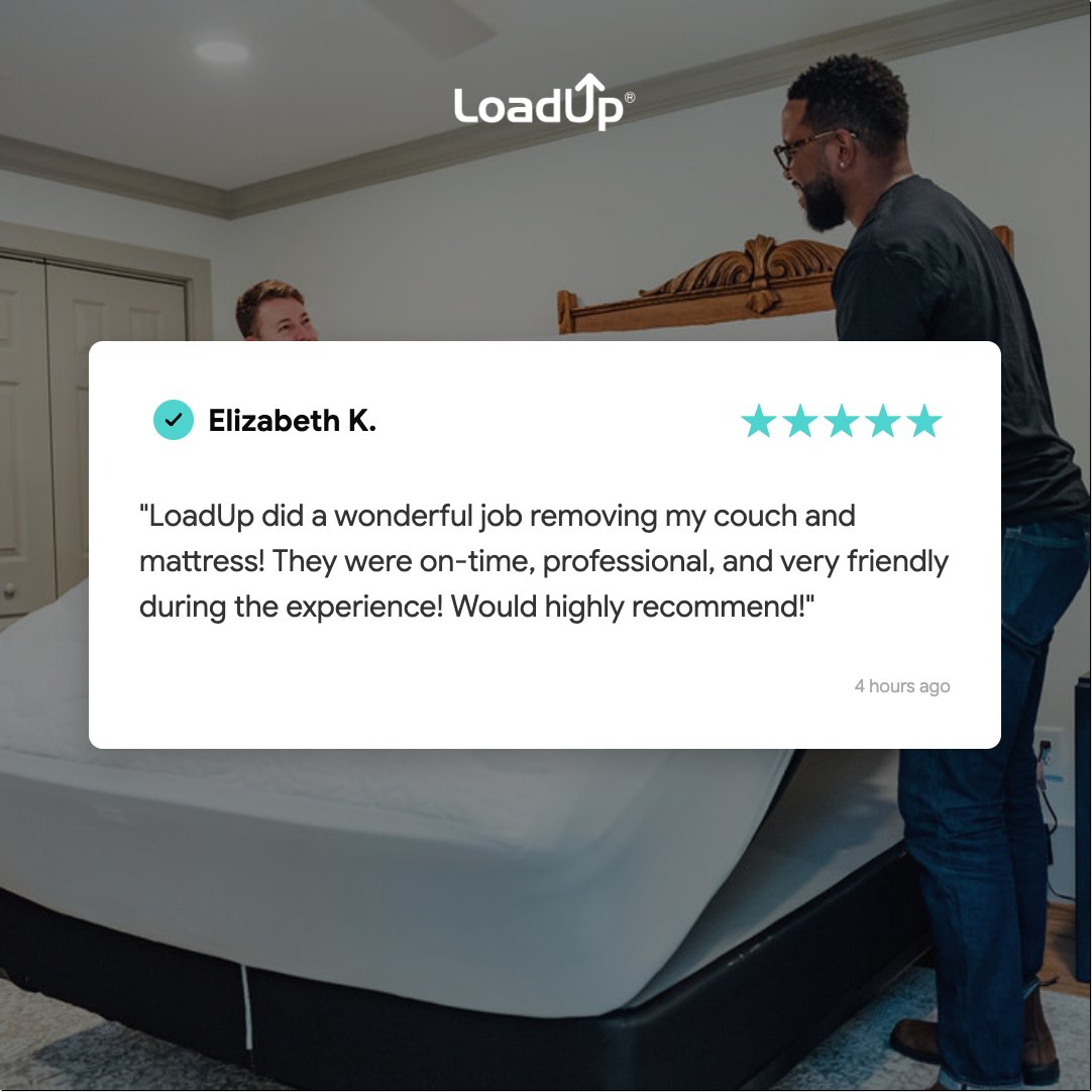 GoLoadUp's tweet photo. "On-time, professional, and very friendly."

Couch and mattress, gone the same day. Your Loaders handle the heavy stuff so you do not have to. Thank you, Elizabeth! 

Book now: https://t.co/tkYaF9CYC6

#MattressRemoval #CustomerStories #LoadUp https://t.co/yNPrXQzTKq