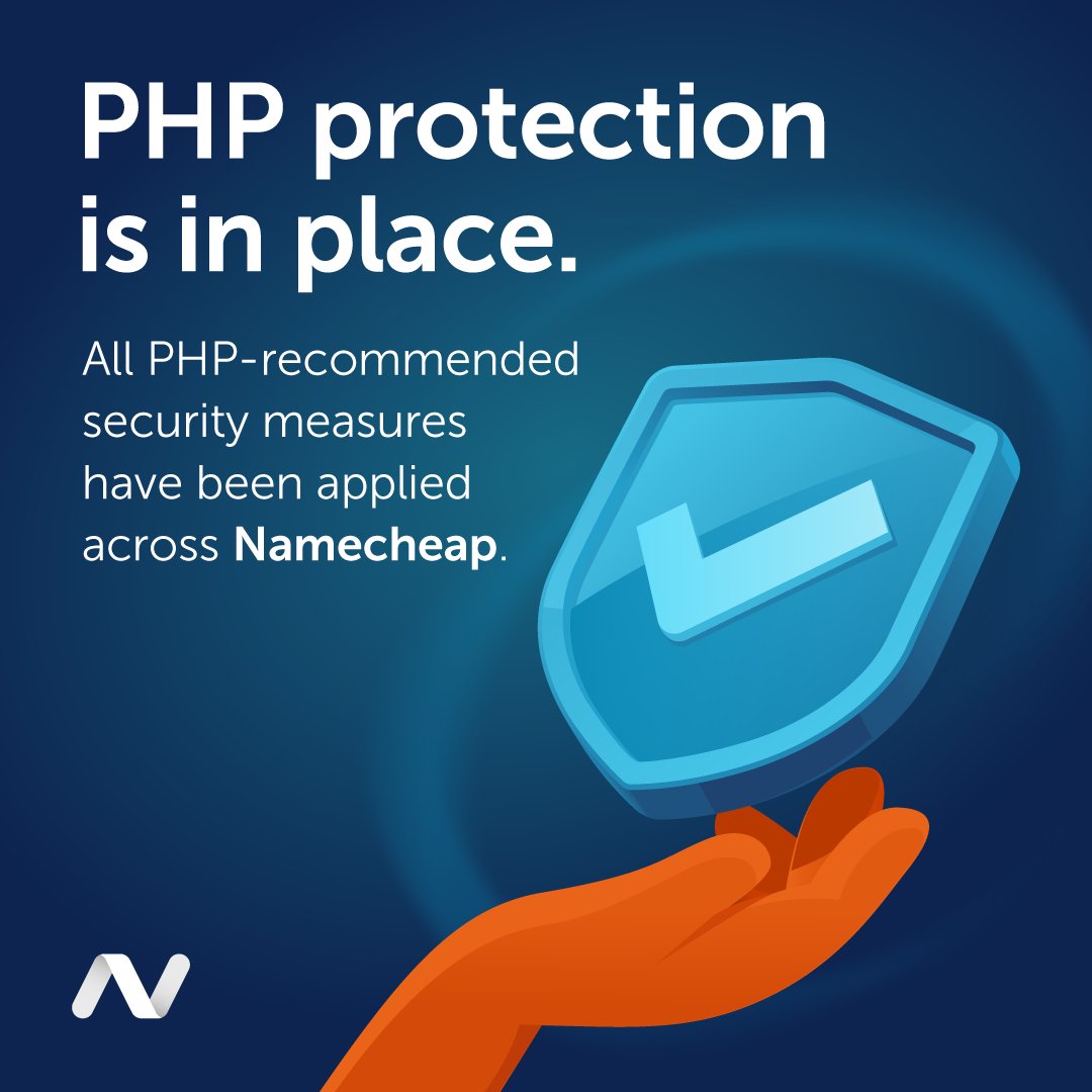 Namecheap's tweet photo. Website security is suddenly big news, with reports of PHP vulnerabilities hitting the headlines. 

Whether you're a PHP expert or have never heard of it, we wanted to let you know that we've applied all PHP-recommended security measures across Namecheap.

We’ve also reached out directly to hosting customers who manage their own server environments offering specific guidance. Please check your inbox if you haven’t seen it yet.

Your online safety always comes first🔒