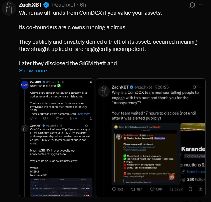coinbureau's tweet photo. ⚠️ALERT: ZachXBT tells users to WITHDRAW ALL funds from CoinDCX over a $16 MILLION loss it first DENIED.

Its co-founder had said the wallets were "not breached" and asked people not to "spread rumours."

ZachXBT claimed one of the addresses CoinDCX called old was still sending user deposits to its current hot wallet as recently as May 2026.

Hours later, CoinDCX admitted a failed sweeping process on those compromised addresses led to "operational losses."

It says it absorbed the losses and users' funds "remain completely safe."

ZachXBT says the founders "straight up lied or are negligently incompetent."

The Indian exchange was hacked for $44 MILLION in July 2025.