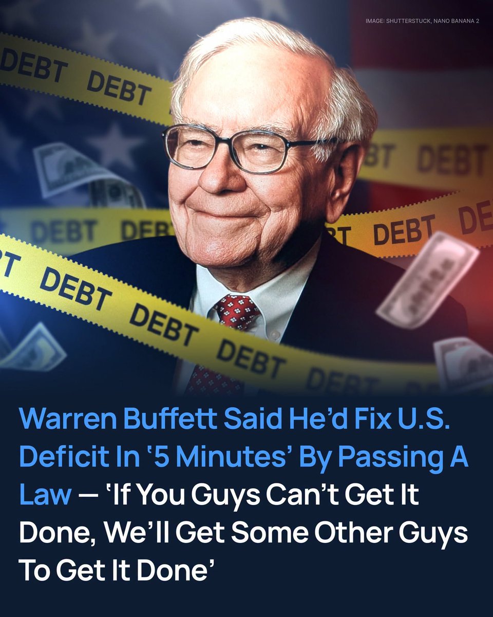 Benzinga's tweet photo. Politicians have debated deficits for decades.

Warren Buffett once suggested a much simpler solution.

In a 2011 CNBC interview, Buffett said he could solve the federal deficit problem in “five minutes.”

His idea wasn’t a new tax plan, a spending commission, or a thousand-page bill.

Instead, Buffett said:

“You just pass a law that says that any time there’s a deficit of more than 3% of GDP, all sitting members of Congress are ineligible for re-election.”

Then he explained the point:

“Now you’ve got the incentives in the right place.”

The audience laughed, but Buffett’s point went beyond budget math.

He was talking about human behavior.

People tend to pay much closer attention when the consequences become personal.

More than a decade later, the deficit remains far above the line Buffett used in that example.

Current projections place the annual deficit at roughly $1.9 trillion, or about 5.8% of GDP — nearly double Buffett’s 3% threshold.

And while most Americans can’t control what Congress spends, vote on interest-rate policy, or stop inflation from showing up at the grocery store, they can control how prepared they are.

Higher borrowing costs can affect mortgages, auto loans, and credit card balances.

Market volatility can impact retirement accounts.

Inflation can reduce purchasing power.

The broader lesson still matters: preparation, discipline, and long-term thinking.

A financial plan can’t solve the federal deficit.

But it can help investors navigate uncertainty, manage risk, and make better decisions with the money they do control.

Buffett’s quote wasn’t really about Congress.

It was about incentives.

And in personal finance, having skin in the game matters too.