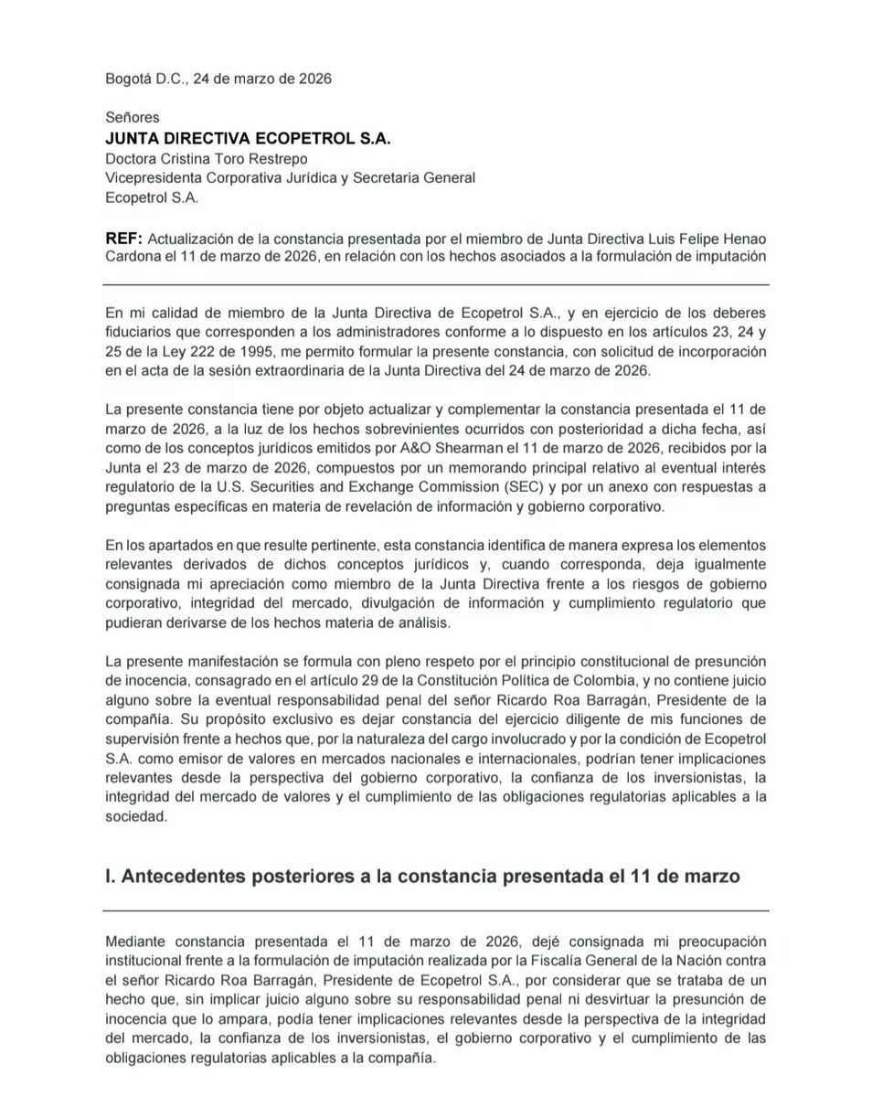 gusgomez1701's tweet photo. Recorderis: son numerosas las constancias de @luisfelipehenao sobre el riesgo que corría la empresa y sus intereses manteniendo a Roa, hoy privado de visa USA, en la presidencia de Ecopetrol. La mayoría de los miembros de la Junta Directiva, leales al progresismo, hicieron origami con ellas. Y andan por la vida haciéndose los desentendidos.