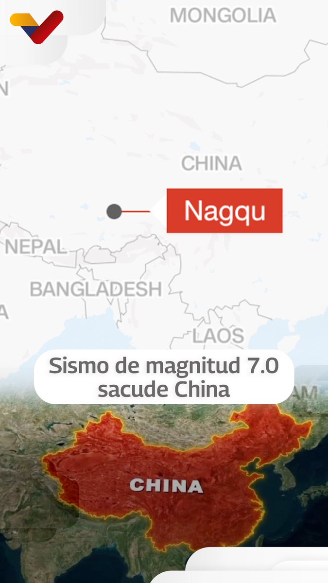 A Spanish-language map graphic marks “Nagqu” near China, with a Google-style logo and the text “Sismo de magnitud 7.0 sacude China.”
