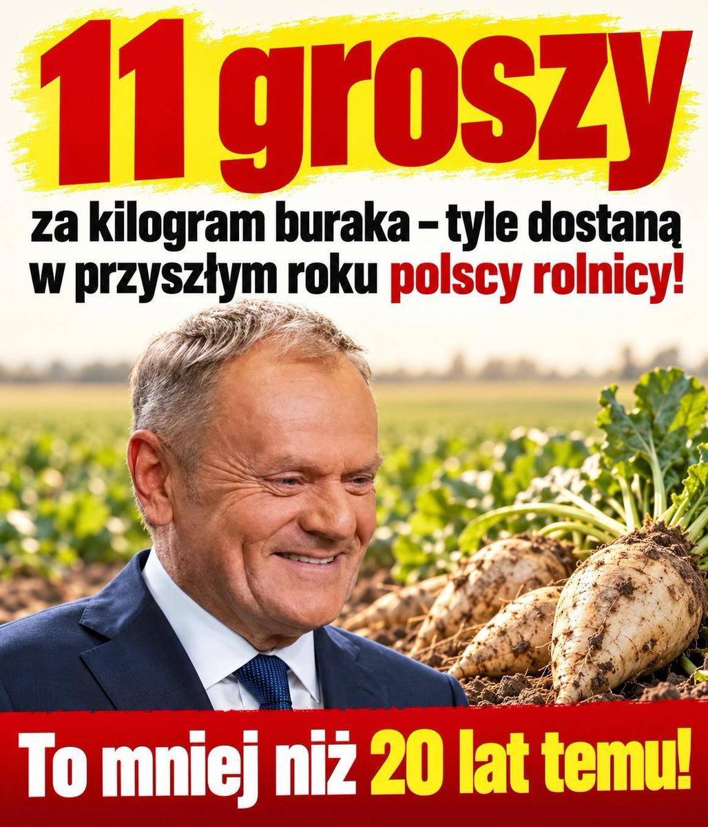 PUsiadek's tweet photo. 11 groszy za kilogram buraka – tyle dostaną w przyszłym roku polscy rolnicy!
To mniej niż 20 lat temu!

Krajowa Grupa Spożywcza, spółka Skarbu Państwa, przedstawiła plantatorom warunki kontraktacji na kampanię 2027.

Cena buraków kontraktowanych: 26 euro za tonę. Do tego ograniczenie kontraktacji nawet o 10 procent. Teraz porównajmy to z przeszłością.

W 2007 roku plantatorzy dostawali 30 euro za tonę. W 2023 roku 46 euro. Trzy lata temu około 50 euro.

Dziś spółka państwowa oferuje 26 euro.

A koszty? Olej napędowy kosztował w tym sezonie blisko 8 zł za litr. Mocznik przekracza 2900 zł za tonę.

Spadająca cena przy rosnących kosztach to jedno: likwidacja uprawy.

Rada Związków Plantatorów Buraka Cukrowego przedstawiła własną kalkulację. Przy cenie 26 euro za tonę, po uwzględnieniu płatności do buraka cukrowego, strata może sięgnąć 3500 zł na hektarze.

Plantatorzy proponują 35 euro. Zaznaczają przy tym, że nawet ta stawka nie pokrywa w pełni kosztów produkcji. Różnica w negocjacjach wynosi 9 euro na każdej tonie. Druga runda rozmów zakończyła się bez porozumienia.

Cukier na rynku spot przekracza 600 euro za tonę. Cukier drożeje. Surowiec tanieje.

Plantatorzy ostrzegają, że przy takich warunkach wielu gospodarstw po prostu zrezygnuje z uprawy.

Tak rządzący niszczą polską wieś!⁩