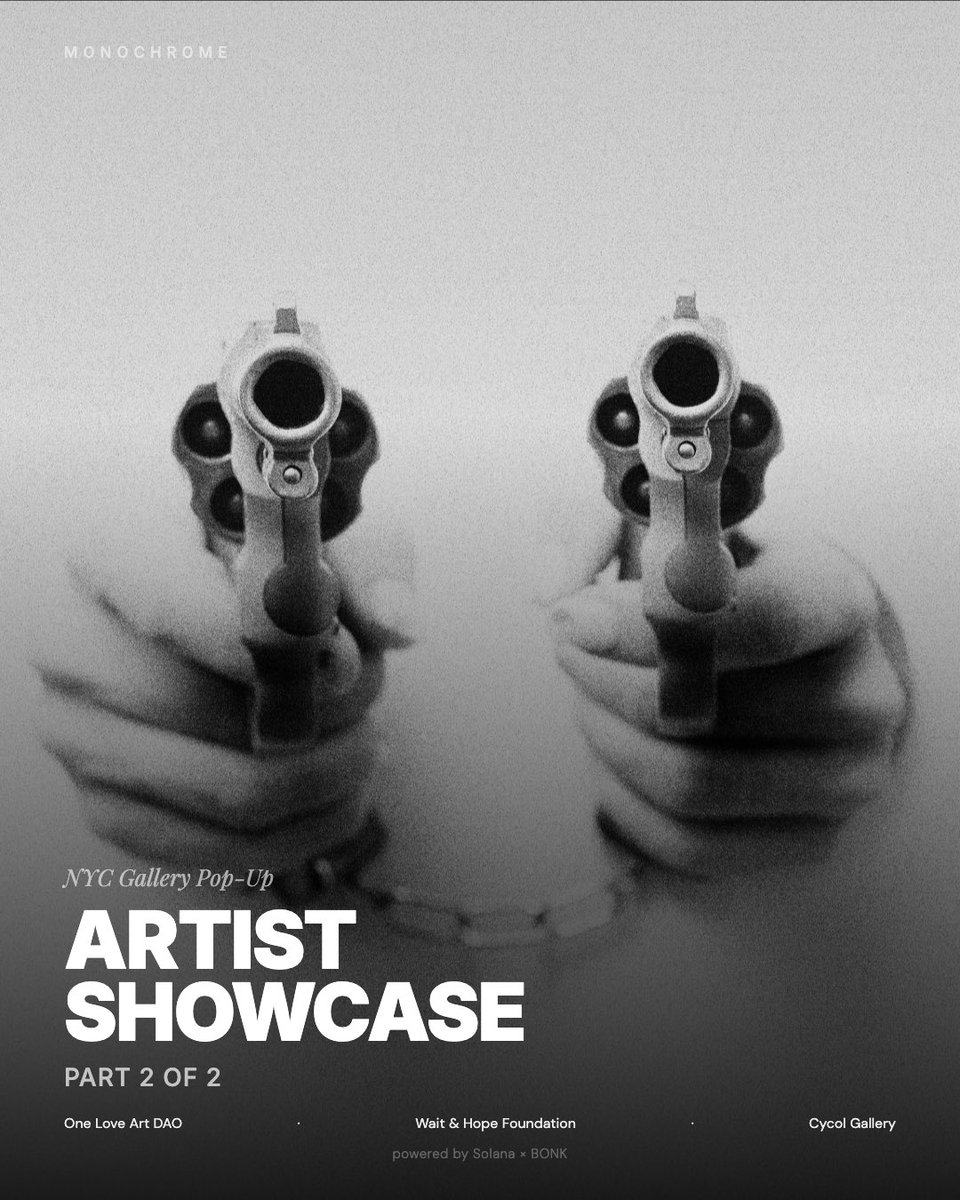 WaitHopeFound's tweet photo. We wanted to give artists the chance to showcase their work at Monochrome, a NYC gallery, and here they are.
@WaitHopeFound @OneLoveArtDAO and @cycol_gallery present Monochrome, a one week pop-up aimed at providing more opportunities for artists.
Swipe through to meet them. Part 2 of 2.
