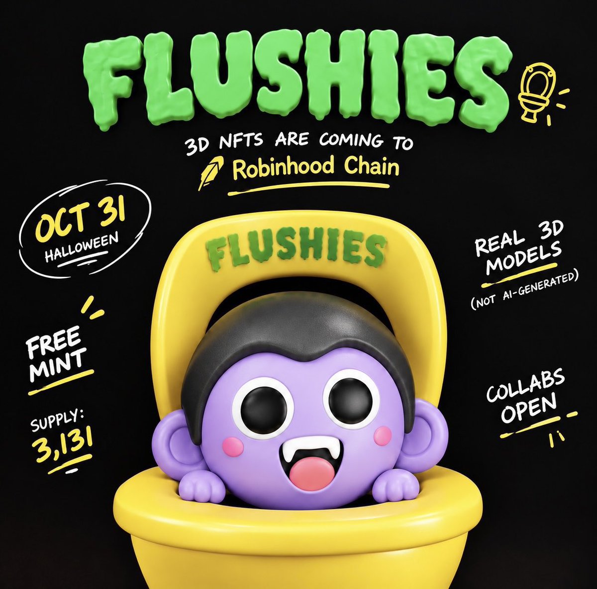degenboyy's tweet photo. 𝗙𝗹𝘂𝘀𝗵𝗶𝗲𝘀 𝗳𝗿𝗲𝗲𝗺𝗶𝗻𝘁 🚽
I have GTD spots from @FlushiesRH to share

To win; 
▪️ Follow them + me 
▪️ Like &amp; repost 
▪️ Drop your evm

goodluck 🎃 https://t.co/sAQSadNTgj