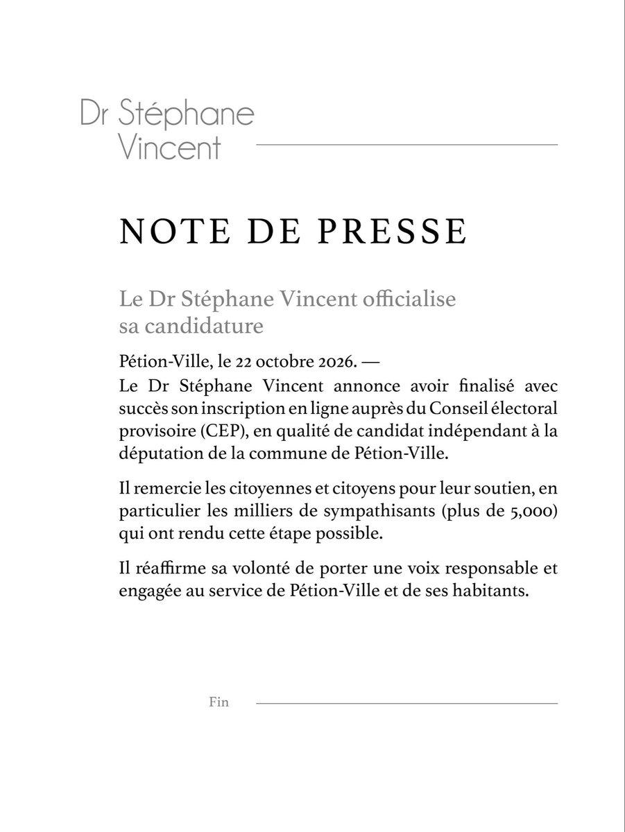stephanevincent's tweet photo. C’est officiel.
Se ofisyèl.
It’s official.

Une étape importante vient d’être franchie, grâce notamment à plus de 5 000 citoyennes et citoyens qui ont rendu cette démarche possible.

À toutes celles et ceux qui m’ont accompagné jusqu’ici, ma profonde gratitude.

Je vous partage mon communiqué officiel du 22 octobre 2026.

Français | Kreyòl | English