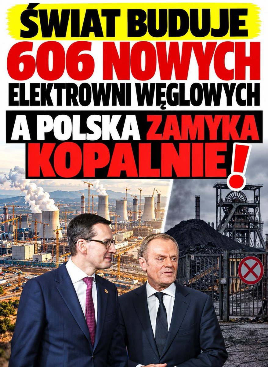 PUsiadek's tweet photo. ⁨⁨Świat buduje 606 nowych elektrowni węglowych. A Polska zamyka kopalnie❗

Firmy na całym świecie przygotowują budowę 606 nowych elektrowni węglowych o łącznej mocy przekraczającej 740 GW.

W samym 2025 roku odłożono albo anulowano 76 projektów węglowych. Ogłoszono 257 nowych. Trzy razy więcej nowych niż porzuconych.

Kto za tym stoi?

Chińskie firmy odpowiadają za 70 procent światowych projektów, indyjskie za 18 procent. Największym deweloperem jest China Energy Investment Group, planująca 44 GW nowych mocy.

W 39 krajach 357 firm planuje otwieranie nowych zakładów albo rozbudowę istniejących. Łączna planowana moc wydobywcza to co najmniej 3,3 mld ton rocznie. To 41 procent obecnej światowej produkcji węgla energetycznego.

A co robi Polska?

Od początku 2026 roku z górnictwa odeszło 6,8 tysiąca osób. Zatrudnienie spadło o niemal 10 procent. Wygaszane są kopalnie Bobrek, Wujek i Bielszowice.

Rząd zatwierdził likwidację sześciu kopalń kosztem 11,275 mld zł z kieszeni podatnika. Import węgla w pierwszym półroczu wzrósł o 168 procent, głównie z Kazachstanu i Kolumbii.

To nie jest nic nowego. Wygaszanie kopalni trwa od niemal 30 lat. Przyśpieszyło jednak najbardziej za rządów PiS. W 2021 roku Mateusz Morawiecki zgodził się na pełną likwidację górnictwa do 2049 roku.
 
Chińska elektrownia emituje dokładnie CO2 tyle samo co polska. Oni mają tani prąd, a my?⁩