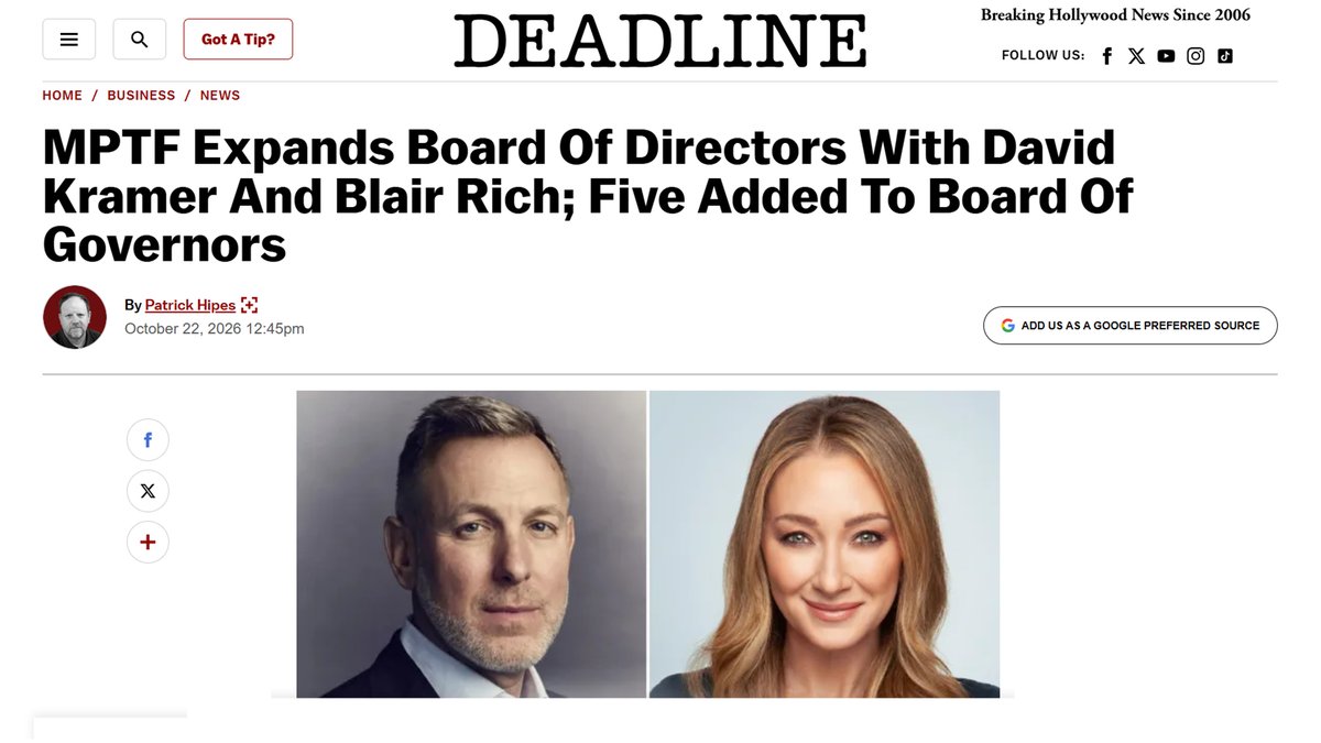 MPTF's tweet photo. Exciting new additions to MPTF leadership announced at @DEADLINE including @unitedtalent's David Kramer and @Legendary's Blair Rich to our Board of Directors. Read more at https://t.co/DLVt0wIau1 https://t.co/RgHjePblQT