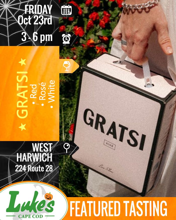 LukesCapeCod's tweet photo. 📅 FRIDAY 10/23/26
📍 WEST HARWICH
⏰ 3:00 - 6:00 PM
🔗 https://t.co/gQwALLQJcj 

GRATSI Red, Rosé, White

Check out our tasting calendar here: https://t.co/auUImtaaHQ 

#gottagotolukes #CapeCod https://t.co/CEr9GPWbSi