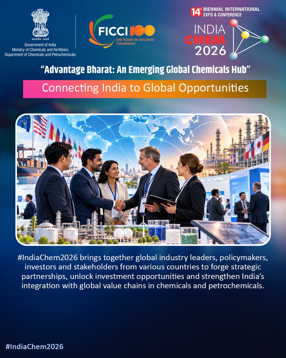 Indemburuguay's tweet photo. With 200+ exhibitors, 8,000+ business visitors and 50 leading CEOs, #IndiaChem2026 offers a dynamic platform to showcase technologies, explore business opportunities and strengthen domestic and international partnerships across chemicals, petrochemicals and process plant machinery.