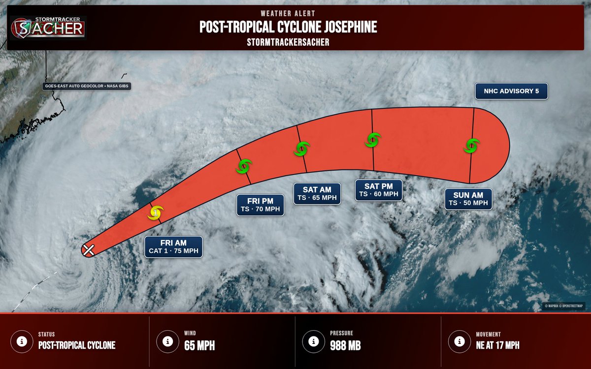 TrackerSacker's tweet photo. Post-Tropical Cyclone Josephine. Winds 65 mph. Moving northeast at 17 mph. https://t.co/dGKOOTXlTH