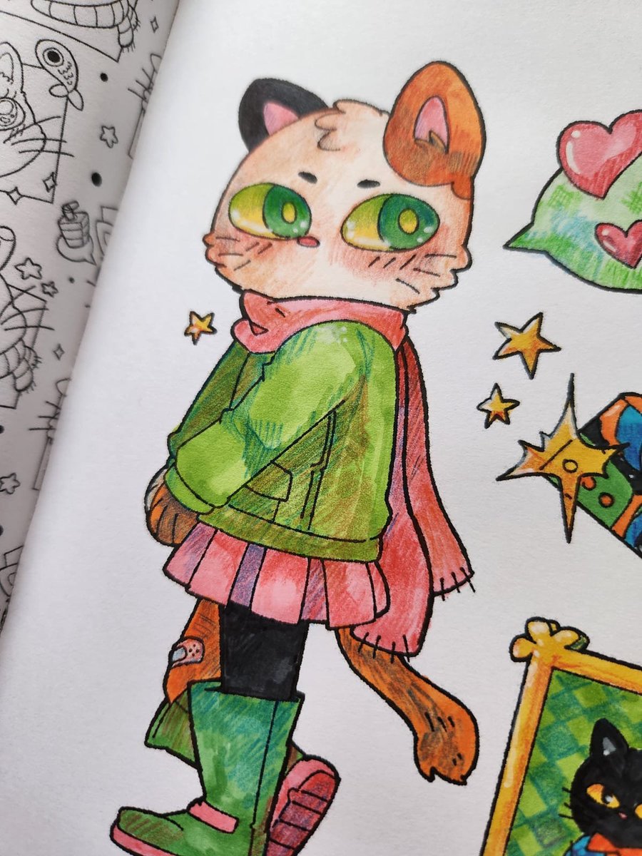 reysaurus's tweet photo. Pinté una página de mi libro de colorear sobre gatitos adorables. Abajo dejo un link de un video del proceso y donde se puede conseguir en España. 💫🌸

Usé marcadores/rotuladores de alcohol. Lápices de colores y acrílico blanco para poner unos brillos. https://t.co/DwqIWx6Tct