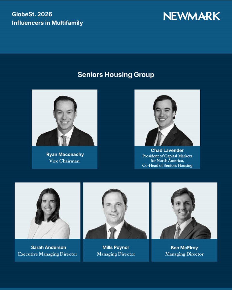 Newmark's tweet photo. Newmark is thrilled to announce that the firm’s experts were recognized as @GlobeStcom 2026 Influencers in Multifamily.

Learn more about the award now! https://t.co/EQgO4OpCYR https://t.co/CvMKAYwhG9