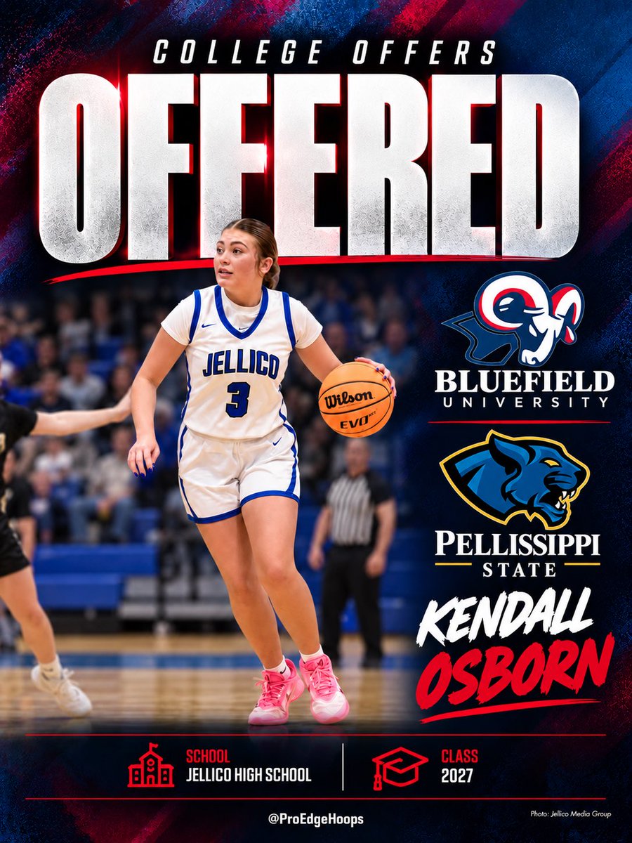 ProEdgeHoops's tweet photo. OFFERED ✅

Congratulations to 2027 @Kendall3Osborn from Jellico High School on receiving offers from Bluefield University and Pellissippi State!

Kendall also competed in our @Elite80WBB Fall League.

@ProEdgeHoops https://t.co/q02viKoDWu
