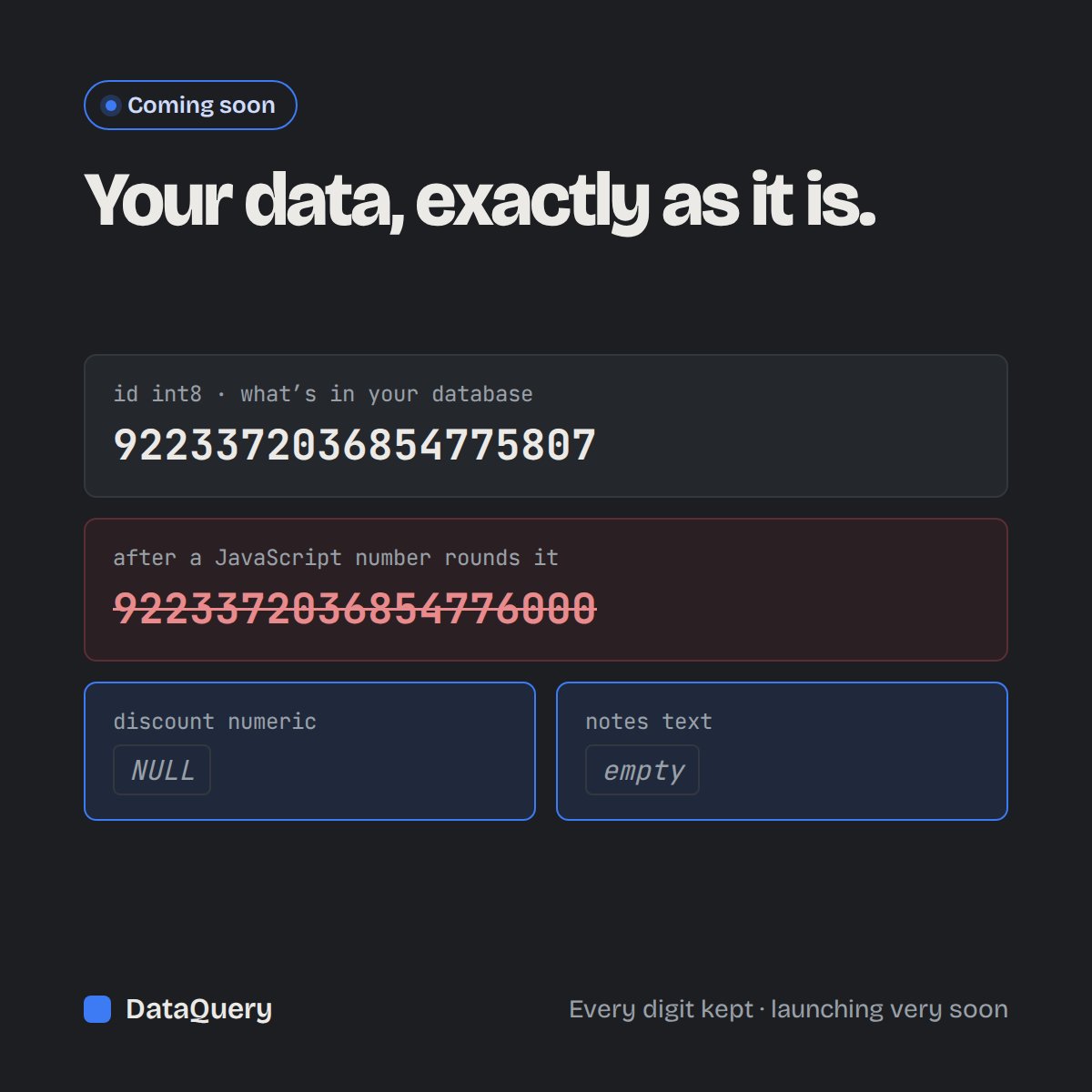 DevManikmia's tweet photo. In your database:
9223372036854775807
In a tool that uses JS numbers:
9223372036854776000

DataQuery keeps every digit, and NULL never looks like an empty string. Built in Rust 🦀
Launching very soon 🚀
#buildinpublic #SQL #DevTools https://t.co/4qCu2sOkw8
