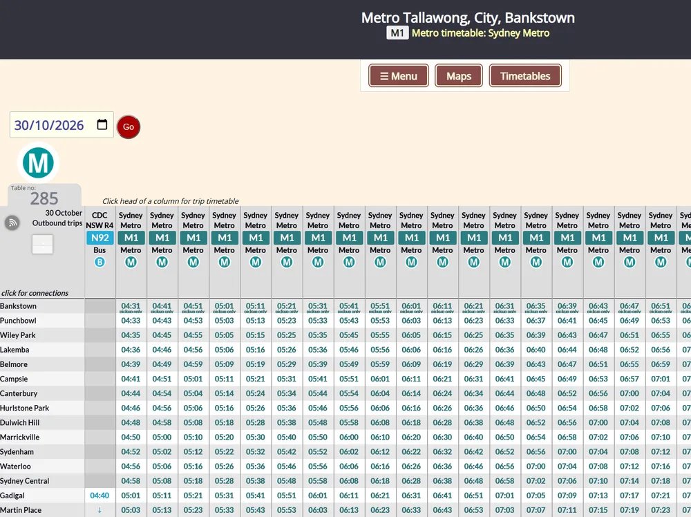 railmaps's tweet photo. TfNSW have today published an update for their GTFS timetable data including the Metro timetables for the extension from Sydenham to Bankstown which opens next Friday, October 30th.

And it's now uploaded at Table no 285 on the railmaps website.

https://t.co/kbi74erGrT https://t.co/TqAiWrjSNt