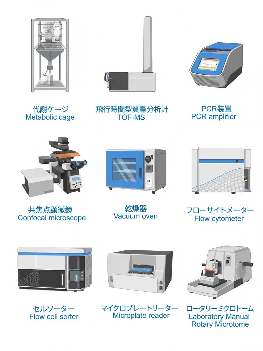 BioGDP's tweet photo. 実験器具・装置のイラスト素材＋日英対照【第3弾】🔬

今回は、実験でよく使われる装置・機器の素材をまとめました。
代謝ケージ、飛行時間型質量分析計、PCR装置、共焦点顕微鏡、乾燥器、フローサイトメーター、セルソーター、マイクロプレートリーダー、ロータリーミクロトームなど、さまざまな研究シーンに対応した素材を収録しています。

画像には日本語・英語の名称を併記。論文Figureや実験フロー、発表スライドなどに組み合わせてご活用いただけます✨

BioGDPでは、素材の大きさや向き、細部の配色も編集できます。ご自身の研究に合わせて、オリジナルの図を作成してみませんか？
🔗 https://t.co/QqkS6dj1nt

欲しい素材があれば、ぜひコメントで教えてください。今後の素材作りの参考にさせていただきます💬
#実験器具 #実験装置 #生命科学 #研究者 #大学院生 #論文 #科学イラスト #BioGDP