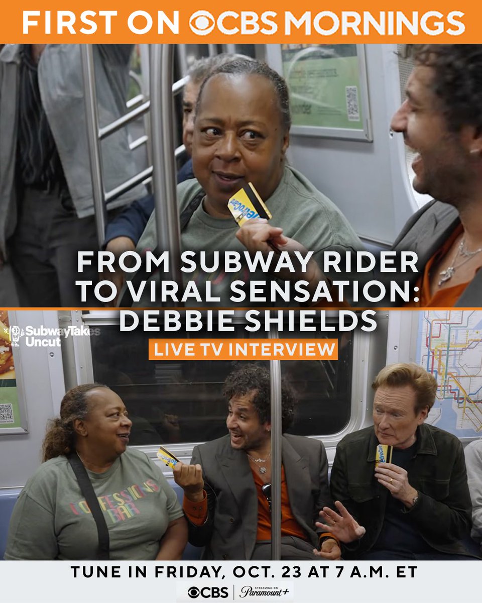 CBSMornings's tweet photo. TOMORROW: She stole the show during @ConanOBrien's appearance on @SubwayTakes — and now viral sensation Debbie Shields is sitting down for her first-ever live television interview on @CBSMornings. Don’t miss her story at 7 a.m. ET. https://t.co/uFAqhgYPJB