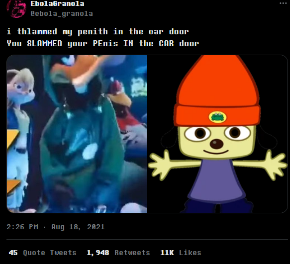 ebola_granola's tweet photo. My biggest impact on the internet is either that I started those trollge incident memes or that I made the meme with daffy duck and parappa https://t.co/PLjNCqmUtz