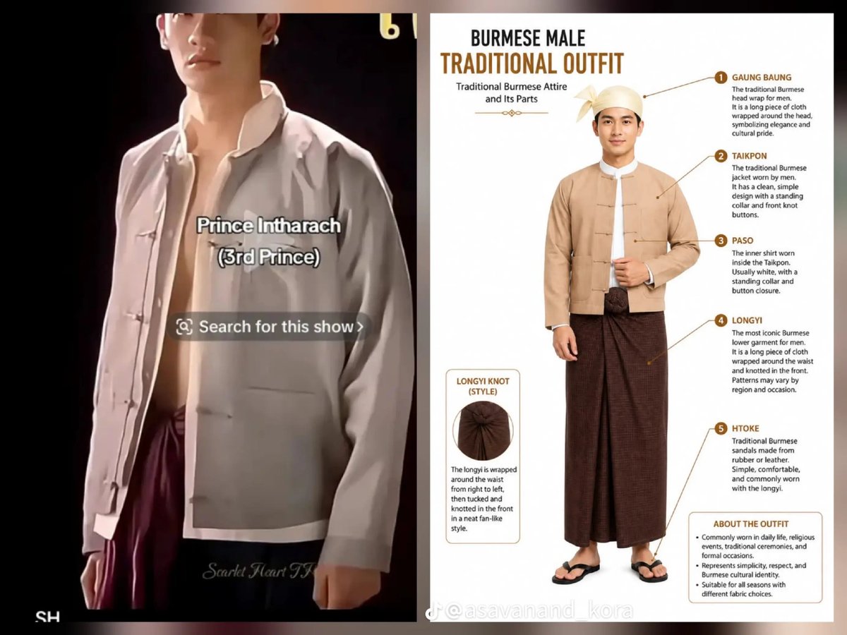 eiphyo698284's tweet photo. Have you noticed this? The stunning outfit worn by Prince Intharach (3rd Prince) in the Thai series  is heavily inspired by or designed after the Burmese Male Traditional Outfit (Gaung Baung,Taikpon,and Longyi)

GMMTV RESPECT OUR CULTURE

#RespectMyanmarCulture
#CreditOurHeritage https://t.co/VXznCA3RB4