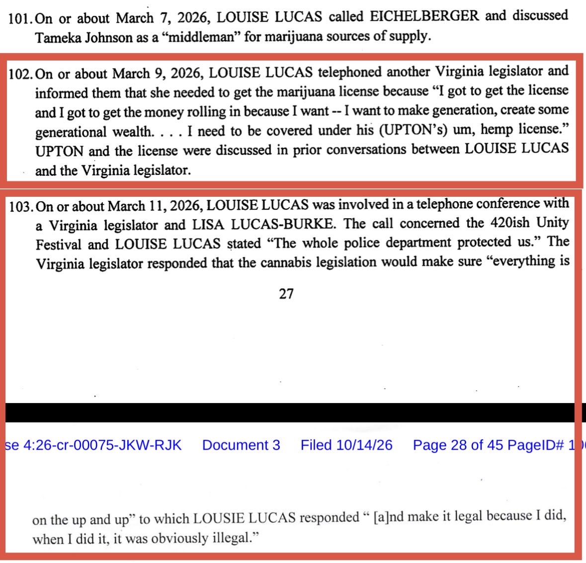 NoVA_Campaigns's tweet photo. 🚨 A Virginia Legislator CURRENTLY SERVING in Gen Assembly knowingly covered up @SenLouiseLucas’ illegal activity… or is a CHS

“got to get the money rolling in because I want -- I want to make generation, create some generational wealth”

“make it legal because I did, when I did it, it was obviously illegal”
